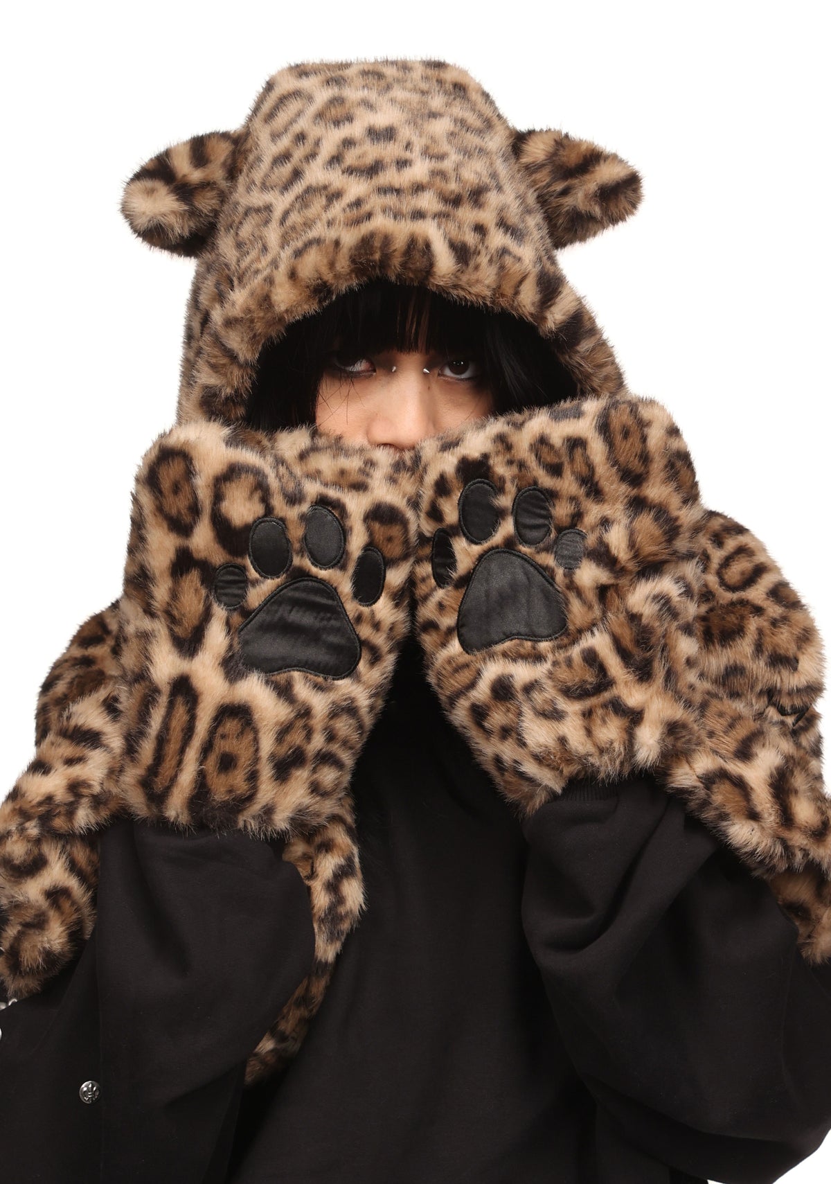 MALFUNCTION UNTAMED EMBROIDERED FAUX FUR HOODED SCARF