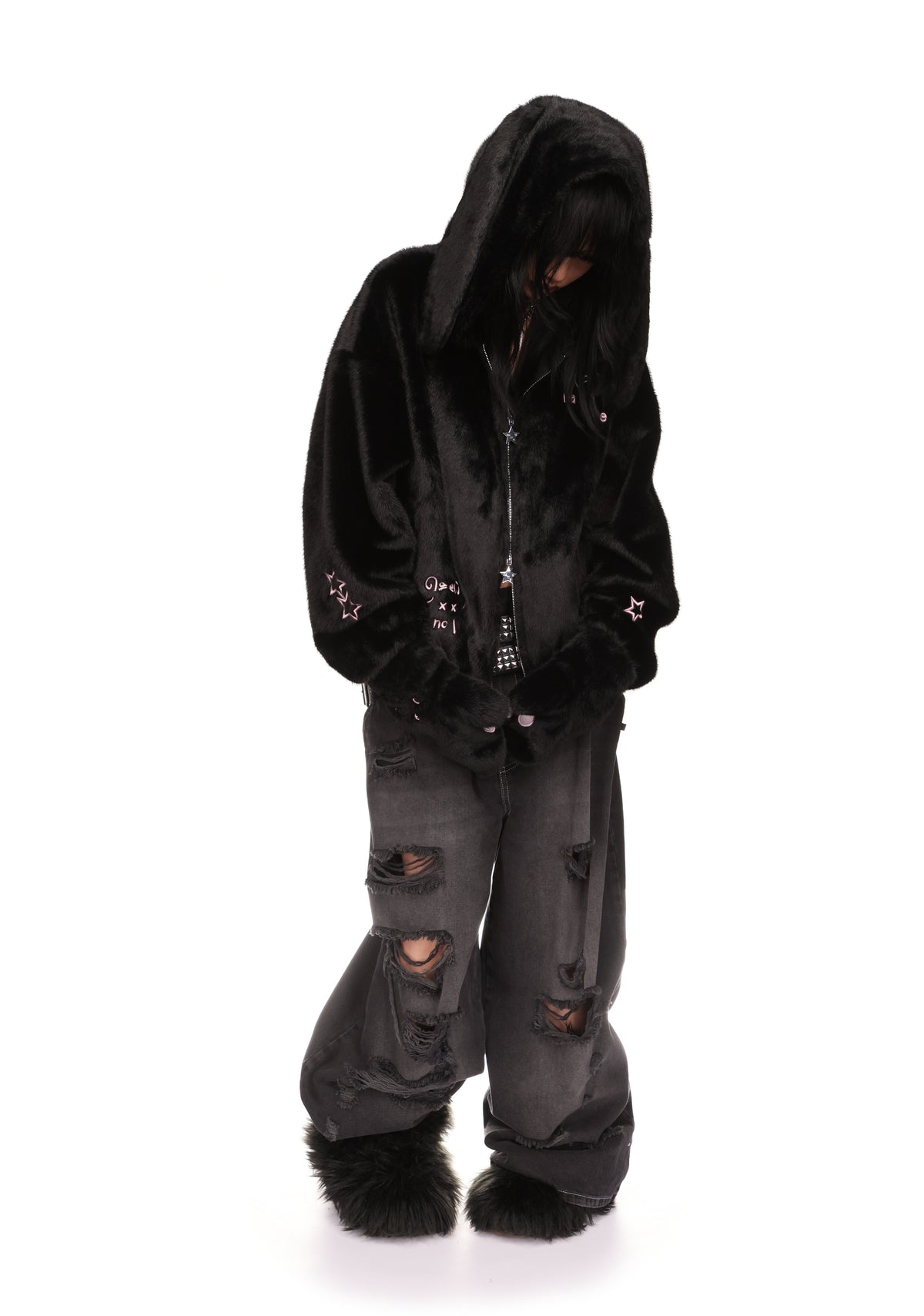 MALFUNCTION UNTAMED EMBROIDERED FAUX FUR ZIP HOODIE BLACK (DETACHABLE EARS)
