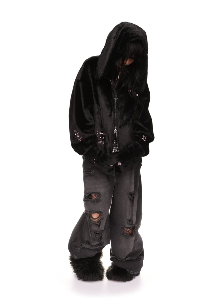 MALFUNCTION UNTAMED EMBROIDERED FAUX FUR ZIP HOODIE BLACK (DETACHABLE EARS)