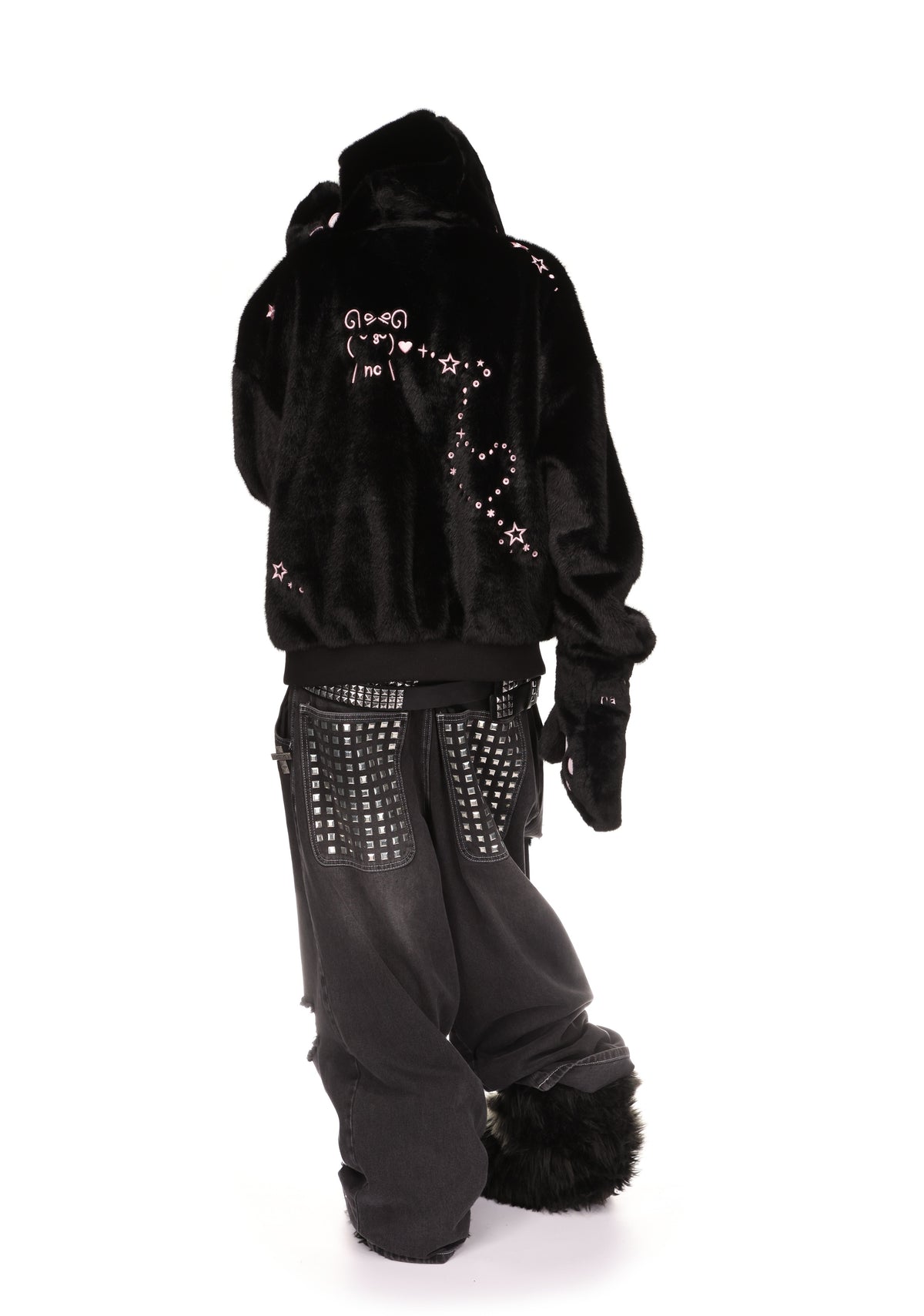 MALFUNCTION UNTAMED EMBROIDERED FAUX FUR ZIP HOODIE BLACK (DETACHABLE EARS)
