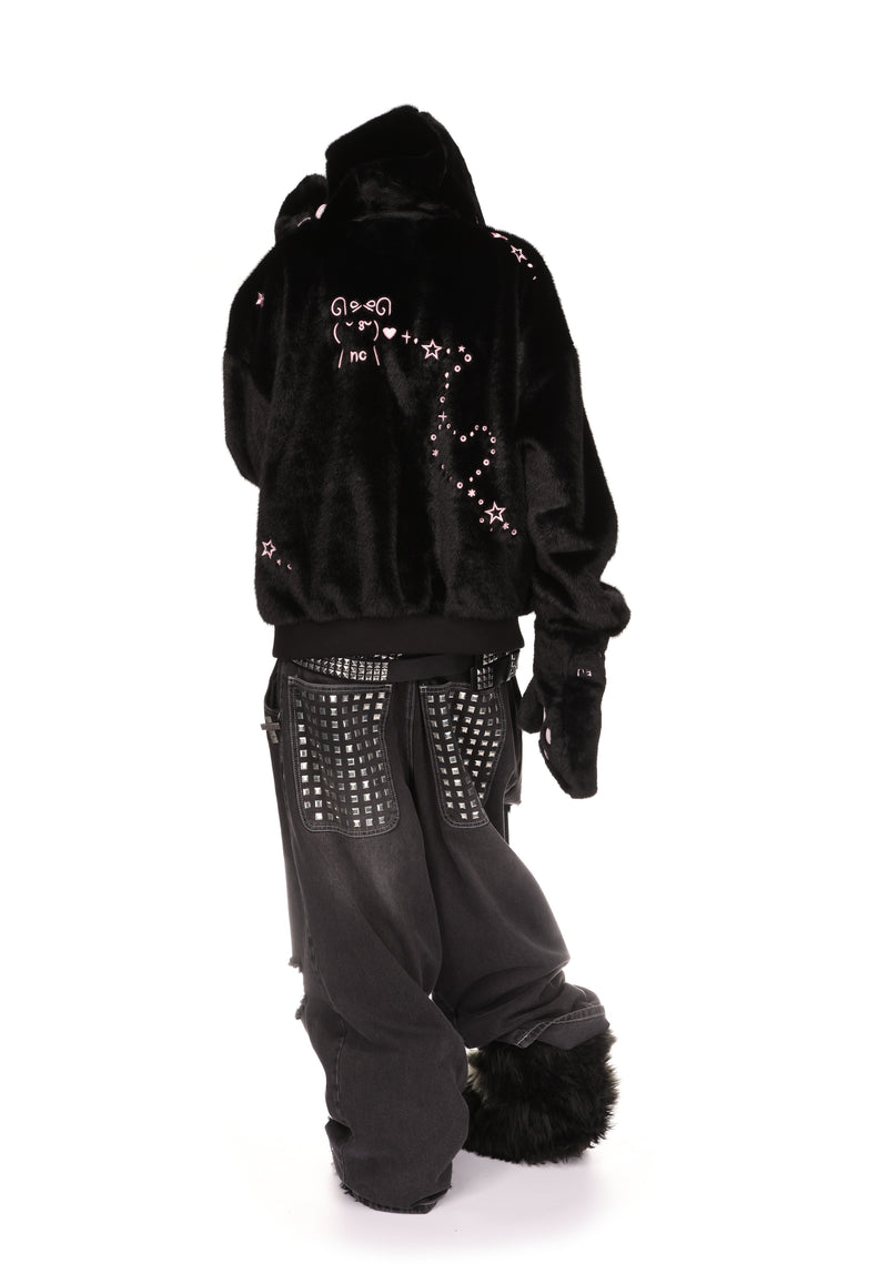 MALFUNCTION UNTAMED EMBROIDERED FAUX FUR ZIP HOODIE BLACK (DETACHABLE EARS)