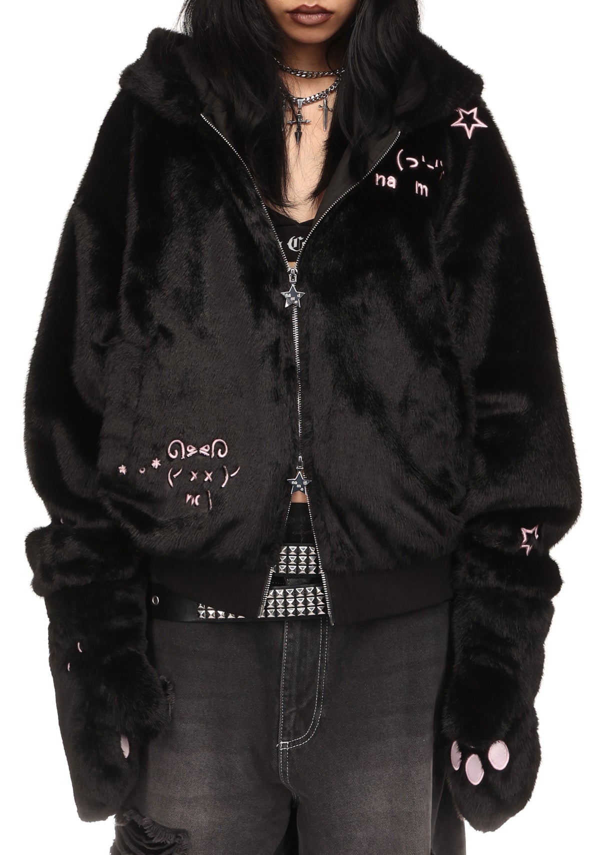 MALFUNCTION UNTAMED EMBROIDERED FAUX FUR ZIP HOODIE BLACK (DETACHABLE EARS)