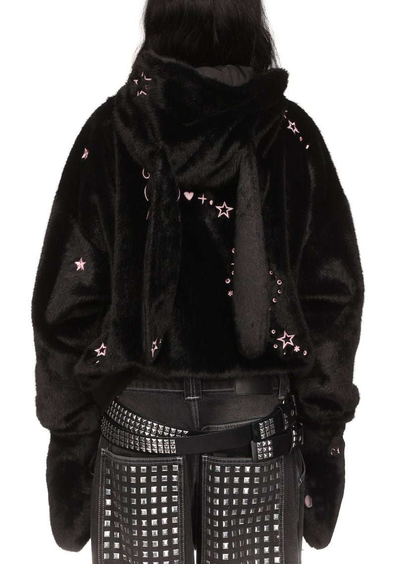 MALFUNCTION UNTAMED EMBROIDERED FAUX FUR ZIP HOODIE BLACK (DETACHABLE EARS)