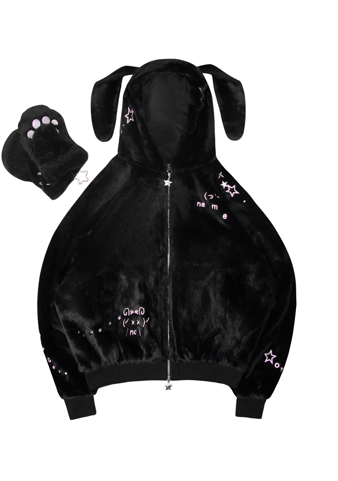 MALFUNCTION UNTAMED EMBROIDERED FAUX FUR ZIP HOODIE BLACK (DETACHABLE EARS)
