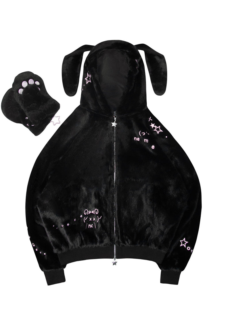 MALFUNCTION UNTAMED EMBROIDERED FAUX FUR ZIP HOODIE BLACK (DETACHABLE EARS)