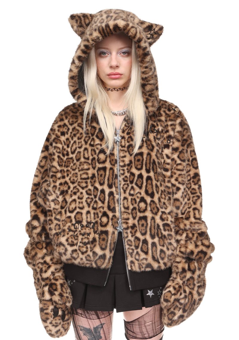 MALFUNCTION UNTAMED EMBROIDERED FAUX FUR ZIP HOODIE LEOPARD PRINT
