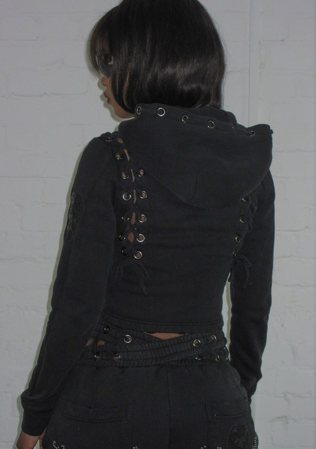 VENDETTA LACE UP FITTED ZIP HOODIE BLACK VINTAGE WASH