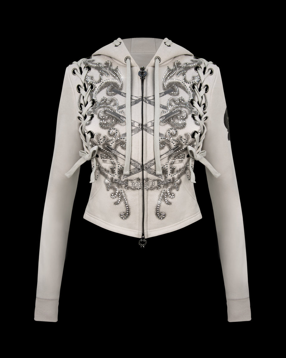 VENDETTA LACE UP FITTED ZIP HOODIE BONE
