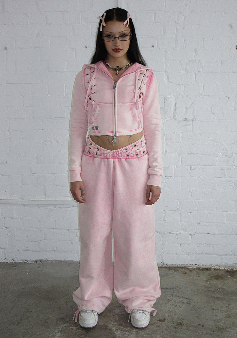 VENDETTA LACE UP FITTED ZIP HOODIE WASHED BABY PINK