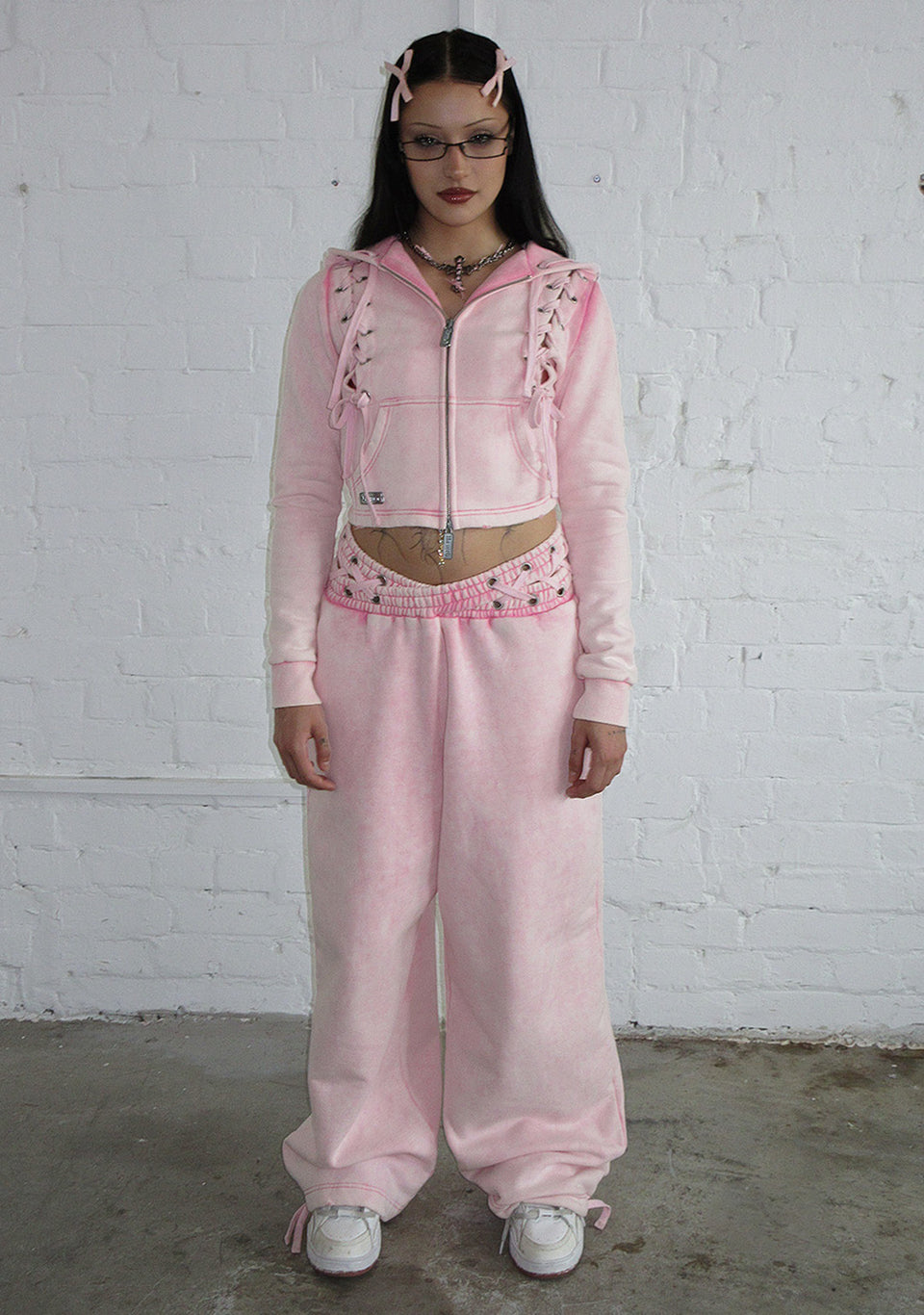 VENDETTA LACE UP FITTED ZIP HOODIE WASHED BABY PINK