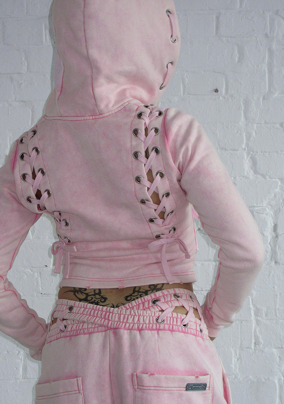 VENDETTA LACE UP FITTED ZIP HOODIE WASHED BABY PINK