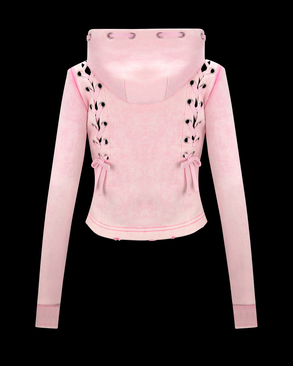 Back view of Vendetta lace up fitted hoodie in washed baby pink, made from organic cotton and recycled polyester fleece.