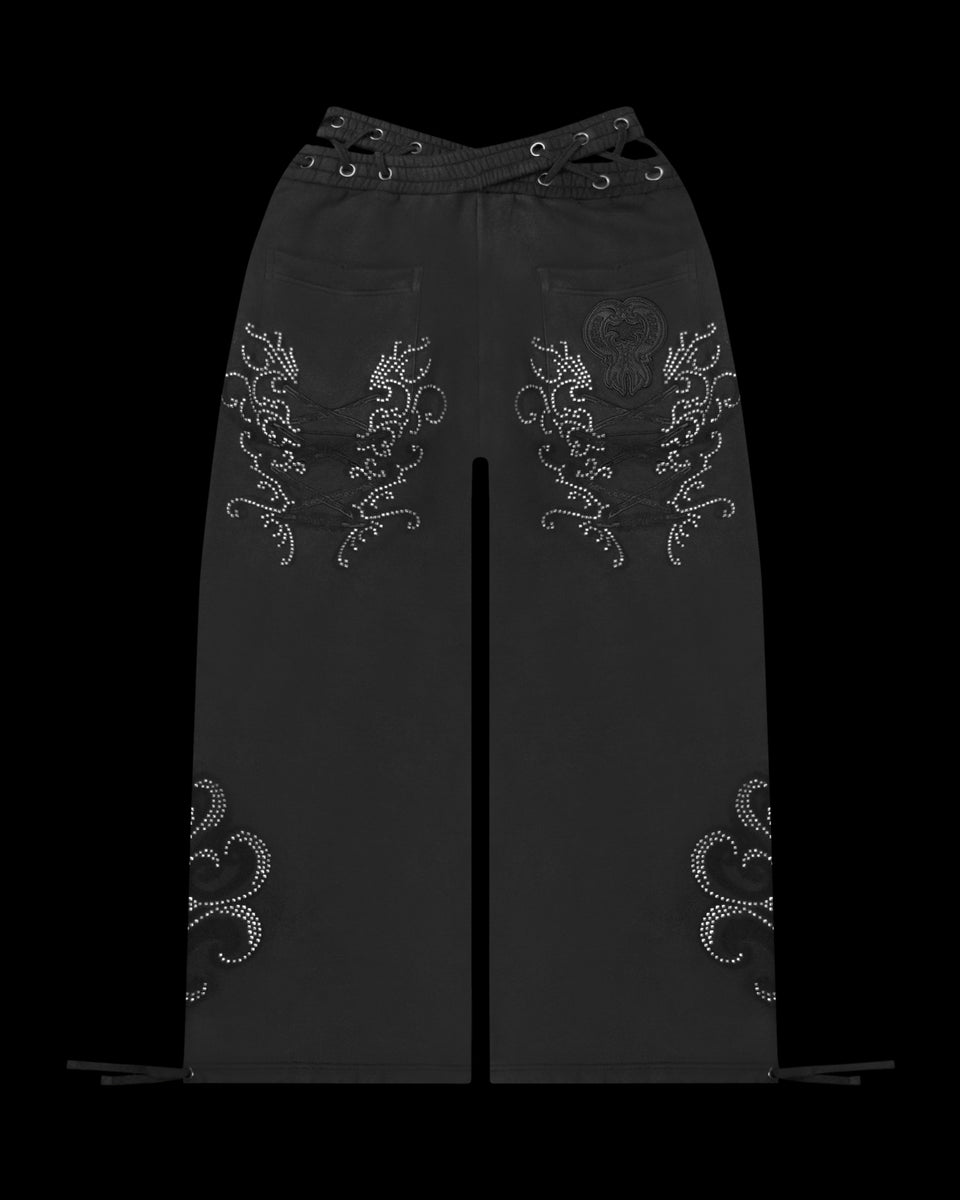 VENDETTA LACE UP OVERSIZED SWEATPANTS BLACK VINTAGE WASH