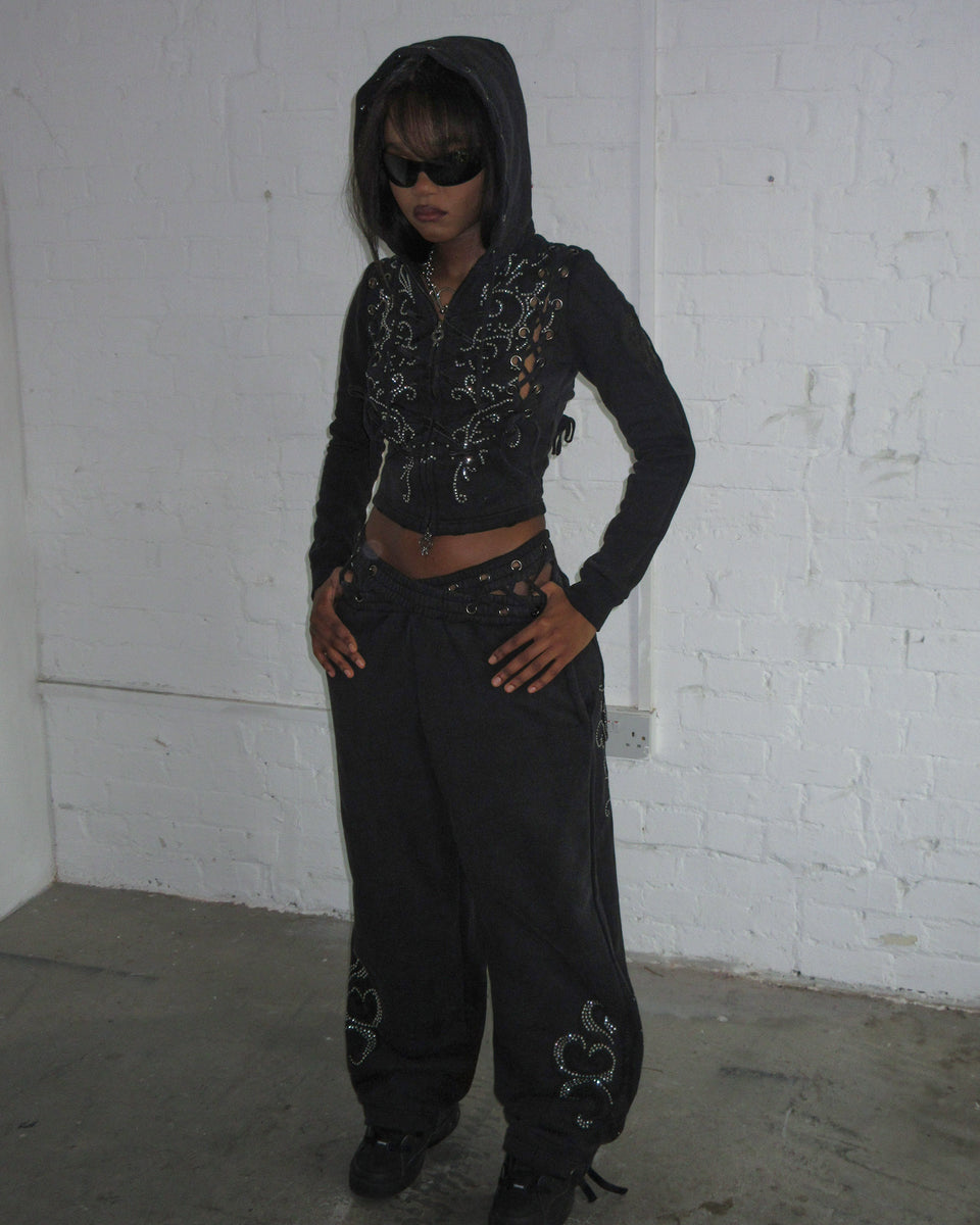 VENDETTA LACE UP OVERSIZED SWEATPANTS BLACK VINTAGE WASH