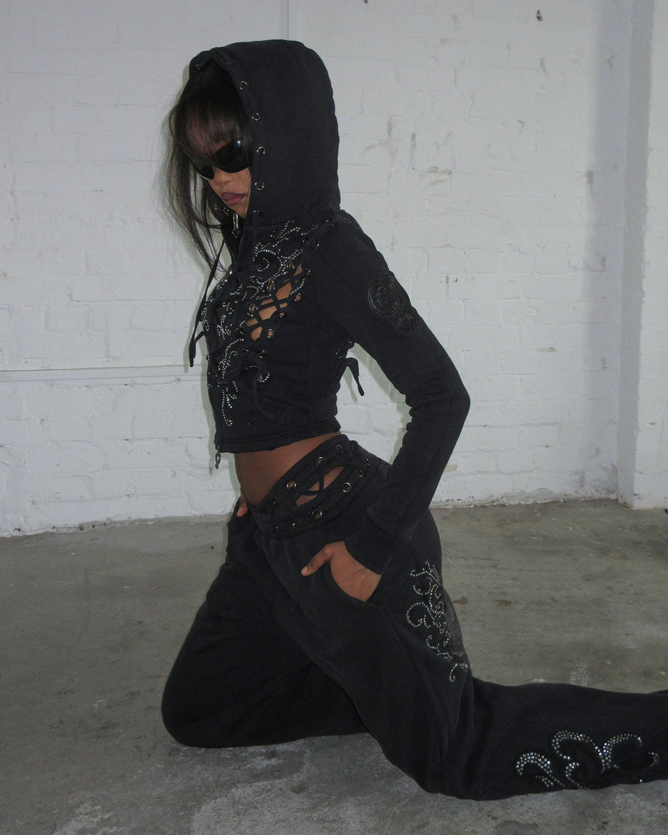 VENDETTA LACE UP OVERSIZED SWEATPANTS BLACK VINTAGE WASH