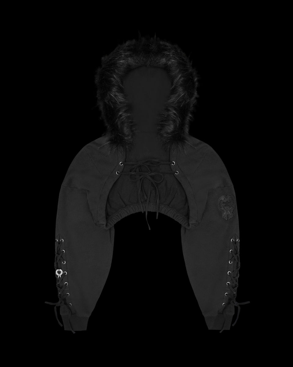VENDETTA SUPER CROP HOODIE BLACK VINTAGE WASH (DETACHABLE FAUX FUR)