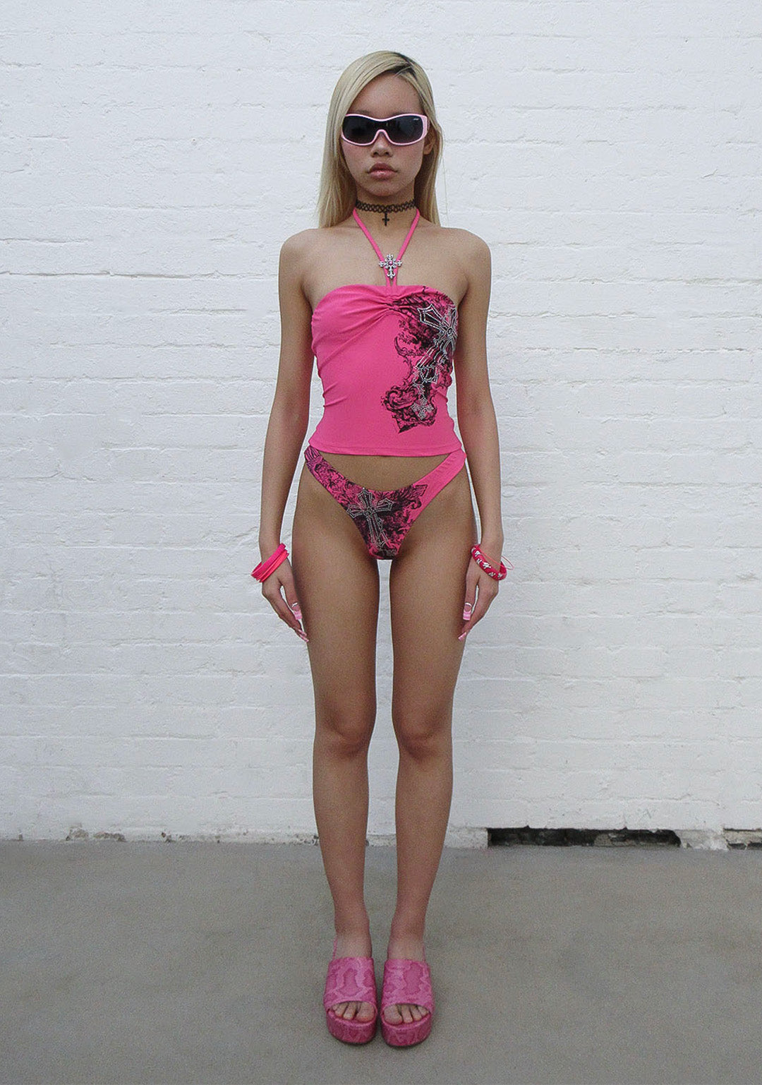 VICE RHINESTONE HALTERNECK TANKINI TOP HOT PINK