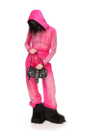VISION RHINESTONE VELOUR HOODIE WASHED HOT PINK
