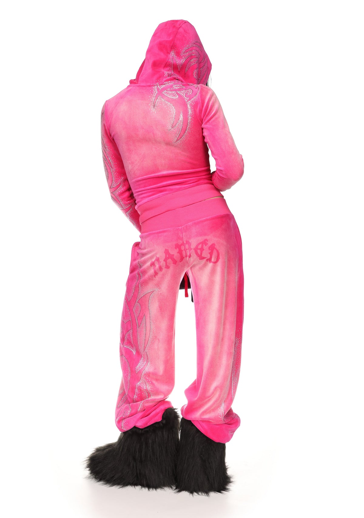 VISION RHINESTONE VELOUR HOODIE WASHED HOT PINK