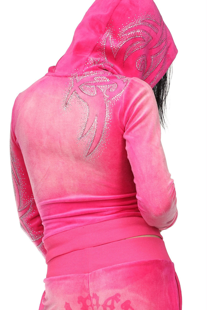 VISION RHINESTONE VELOUR HOODIE WASHED HOT PINK