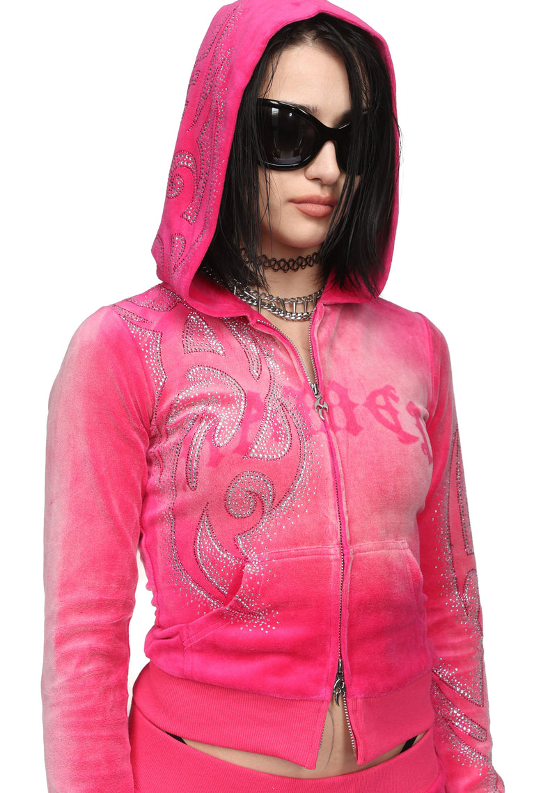 VISION RHINESTONE VELOUR HOODIE WASHED HOT PINK