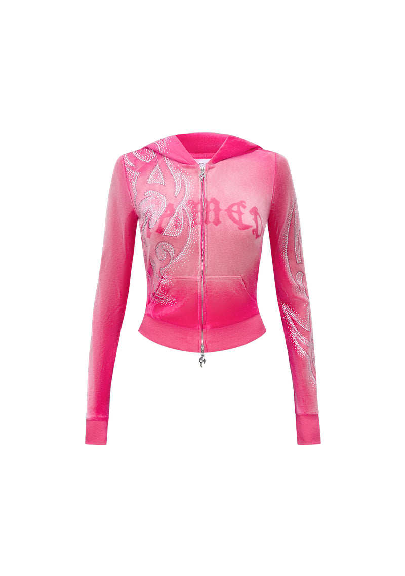 VISION RHINESTONE VELOUR HOODIE WASHED HOT PINK