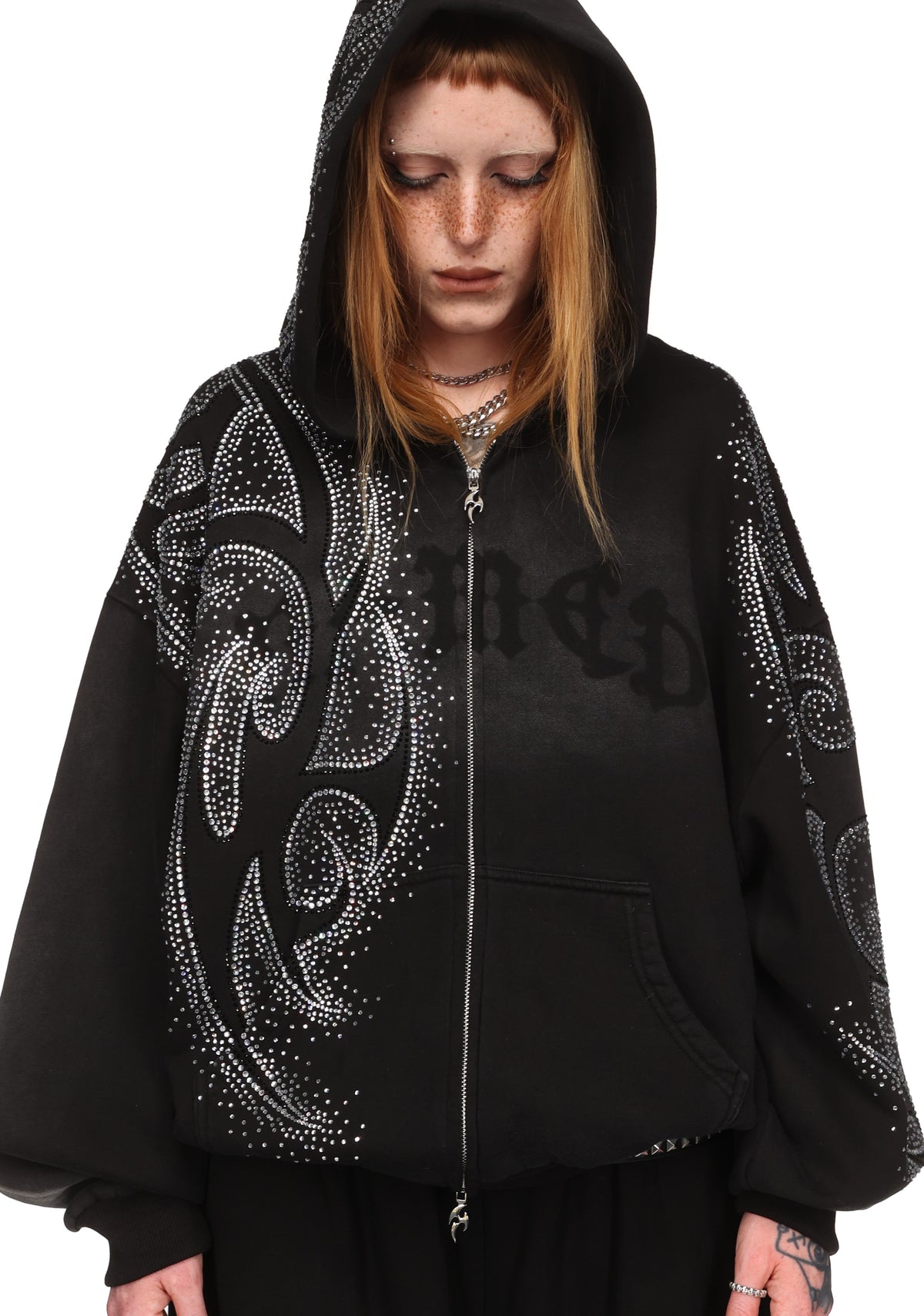 VISION RHINESTONE ZIP HOODIE WASHED BLACK