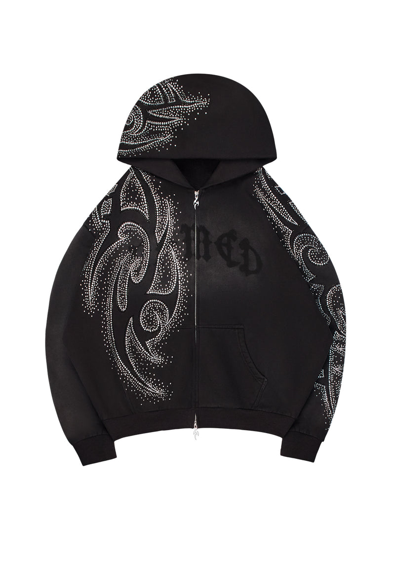 VISION RHINESTONE ZIP HOODIE WASHED BLACK