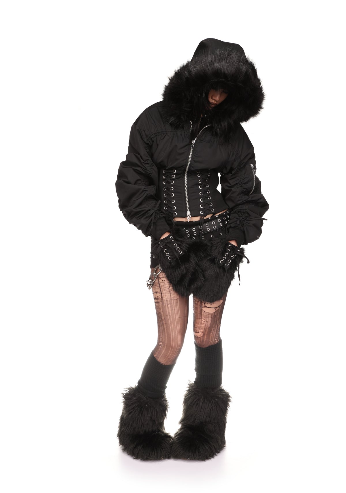 VIXEN LACE-UP BOMBER JACKET WITH MITTENS BLACK