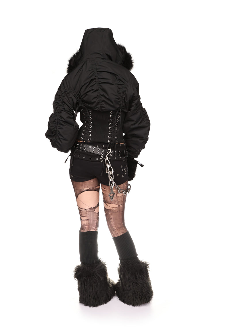 VIXEN LACE-UP BOMBER JACKET WITH MITTENS BLACK
