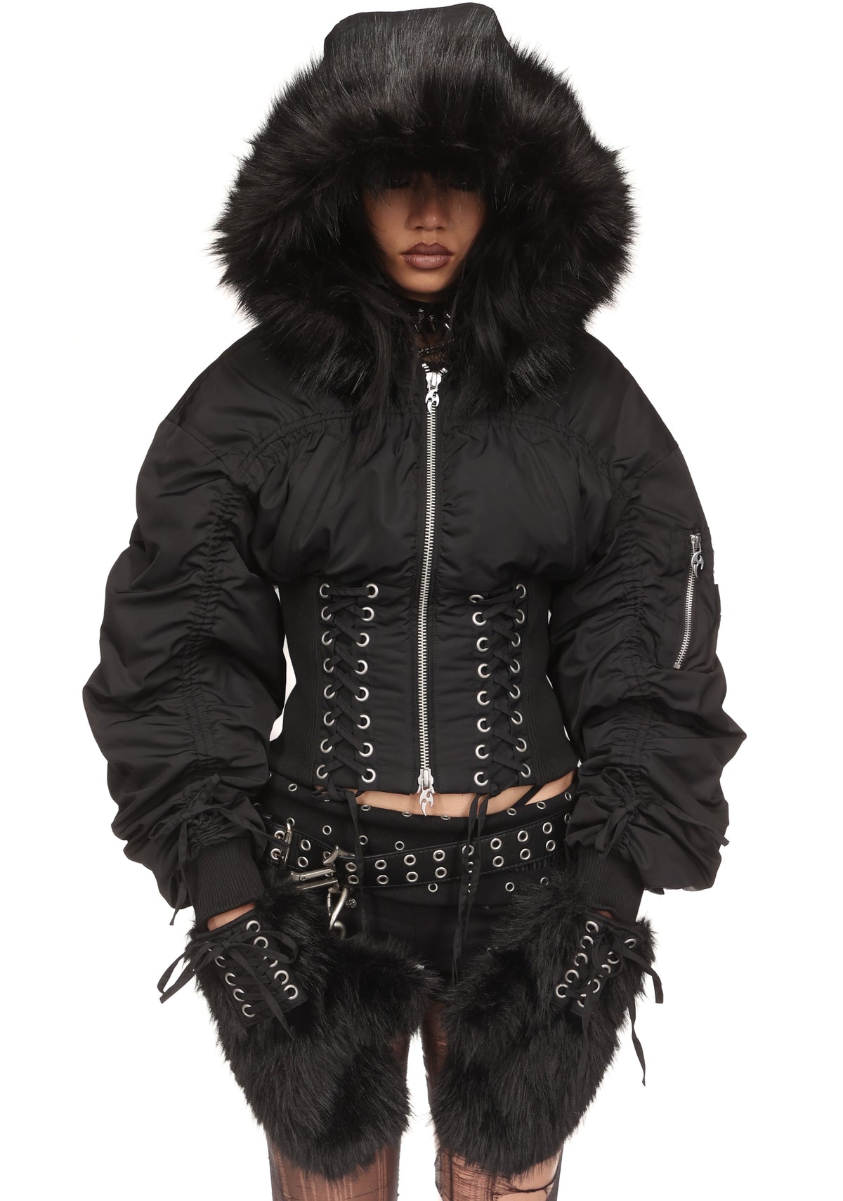 VIXEN LACE-UP BOMBER JACKET WITH MITTENS BLACK