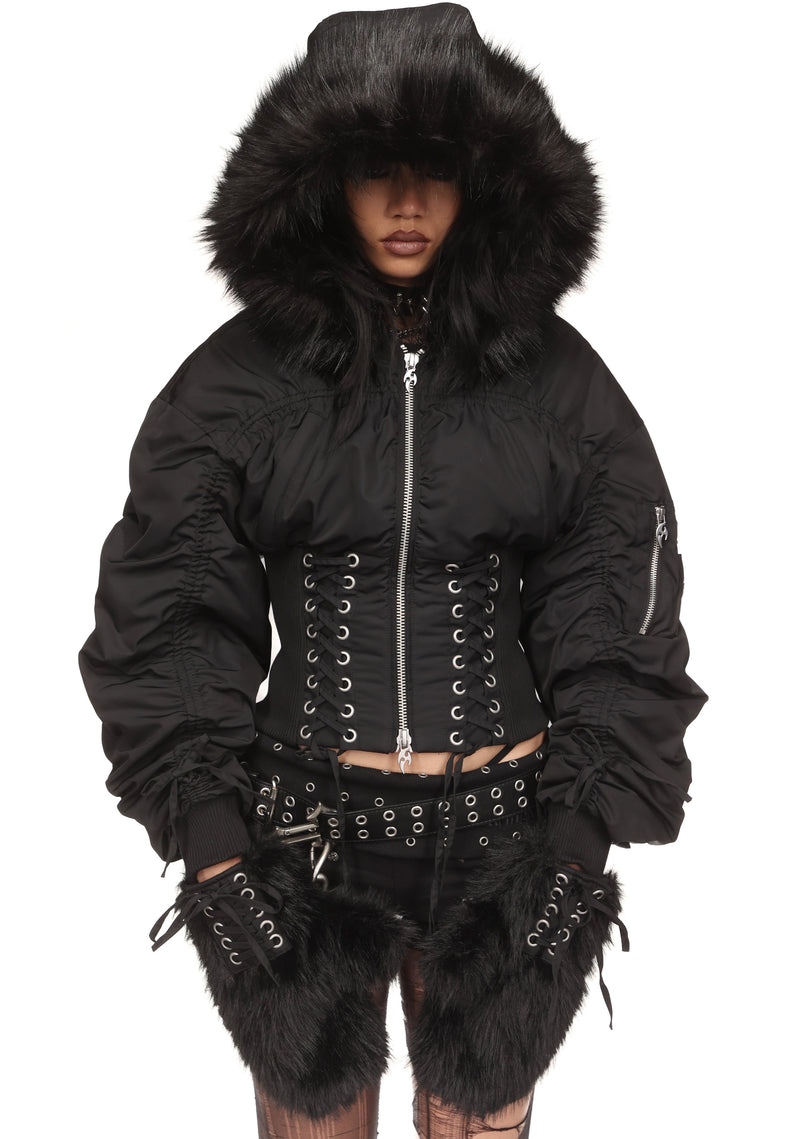 VIXEN LACE-UP BOMBER JACKET WITH MITTENS BLACK