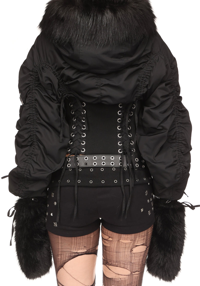VIXEN LACE-UP BOMBER JACKET WITH MITTENS BLACK