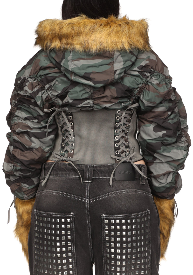 VIXEN LACE-UP BOMBER JACKET WITH MITTENS CAMO