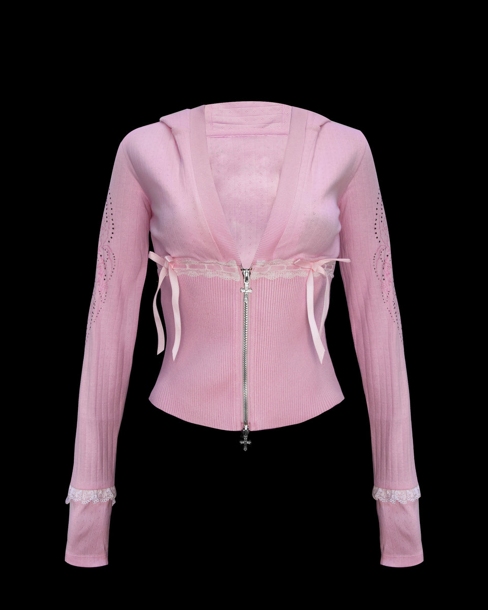WHISPER RIBBON POINTELLE SCULPT HOODIE BABY PINK