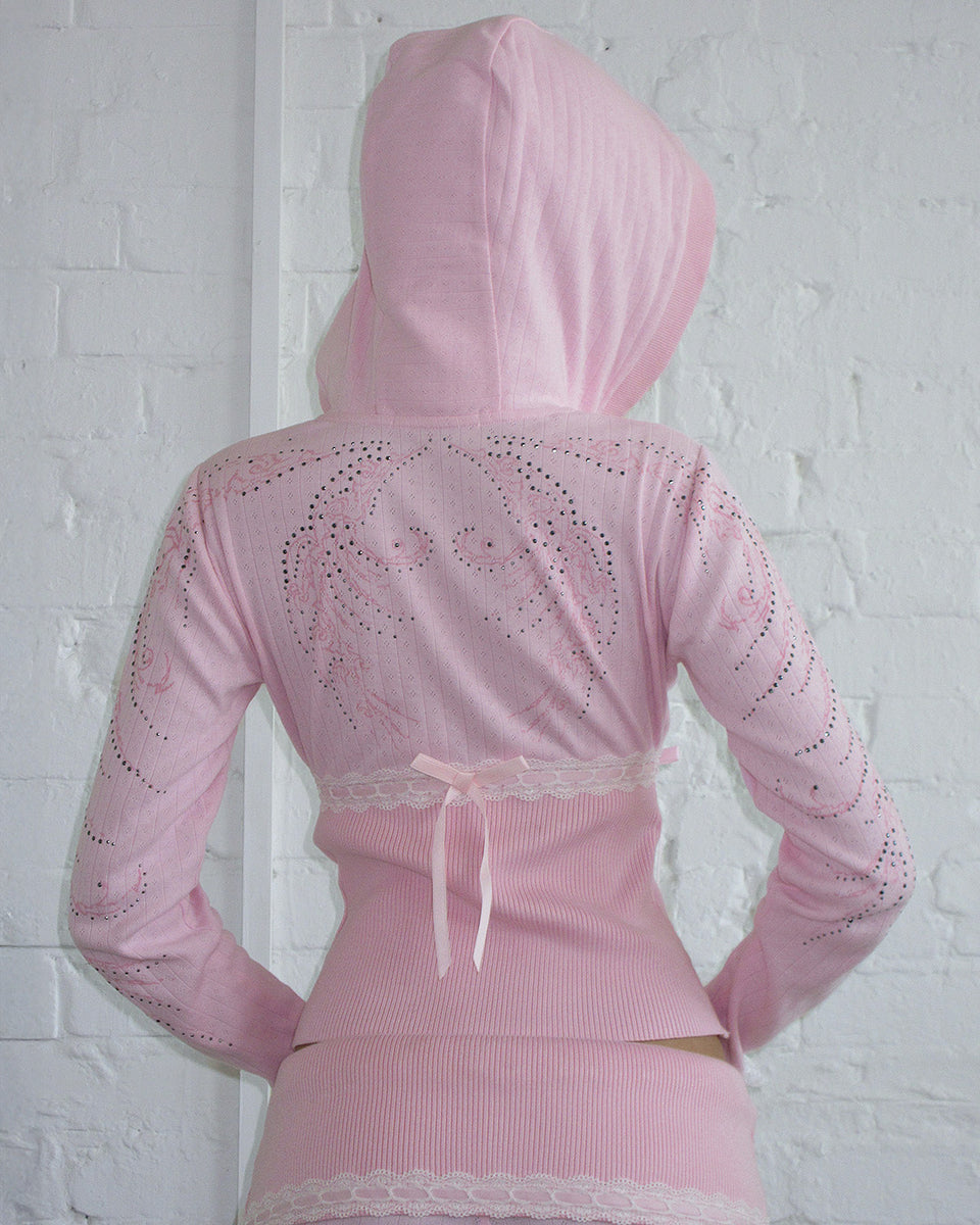 WHISPER RIBBON POINTELLE SCULPT HOODIE BABY PINK