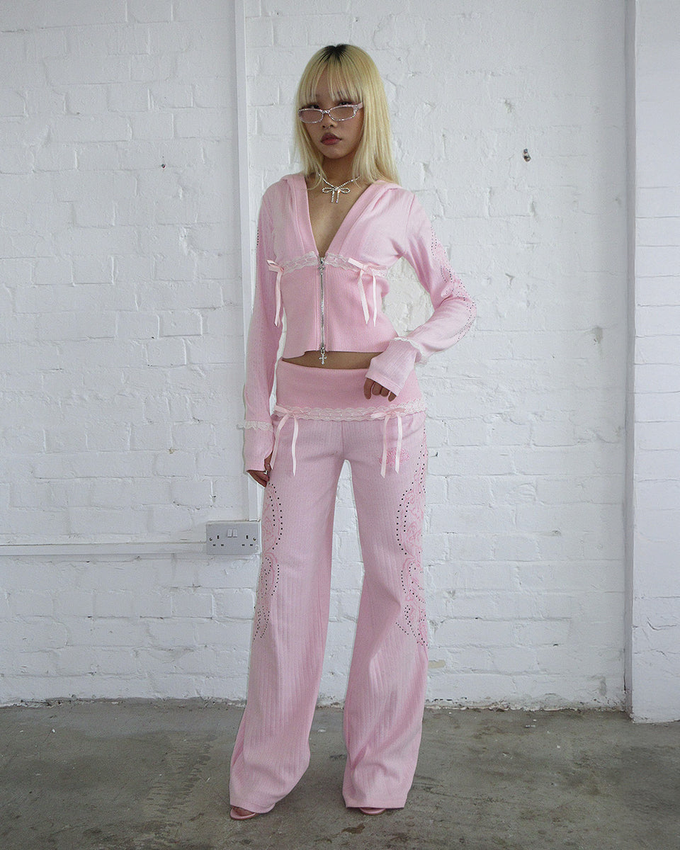 WHISPER RIBBON POINTELLE SCULPT HOODIE BABY PINK
