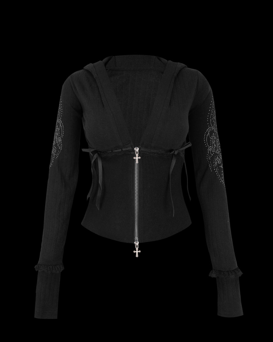 NAMED COLLECTIVE® WHISPER RIBBON POINTELLE SCULPT HOODIE in black with lace cuffs and a cross-shaped zip pull.