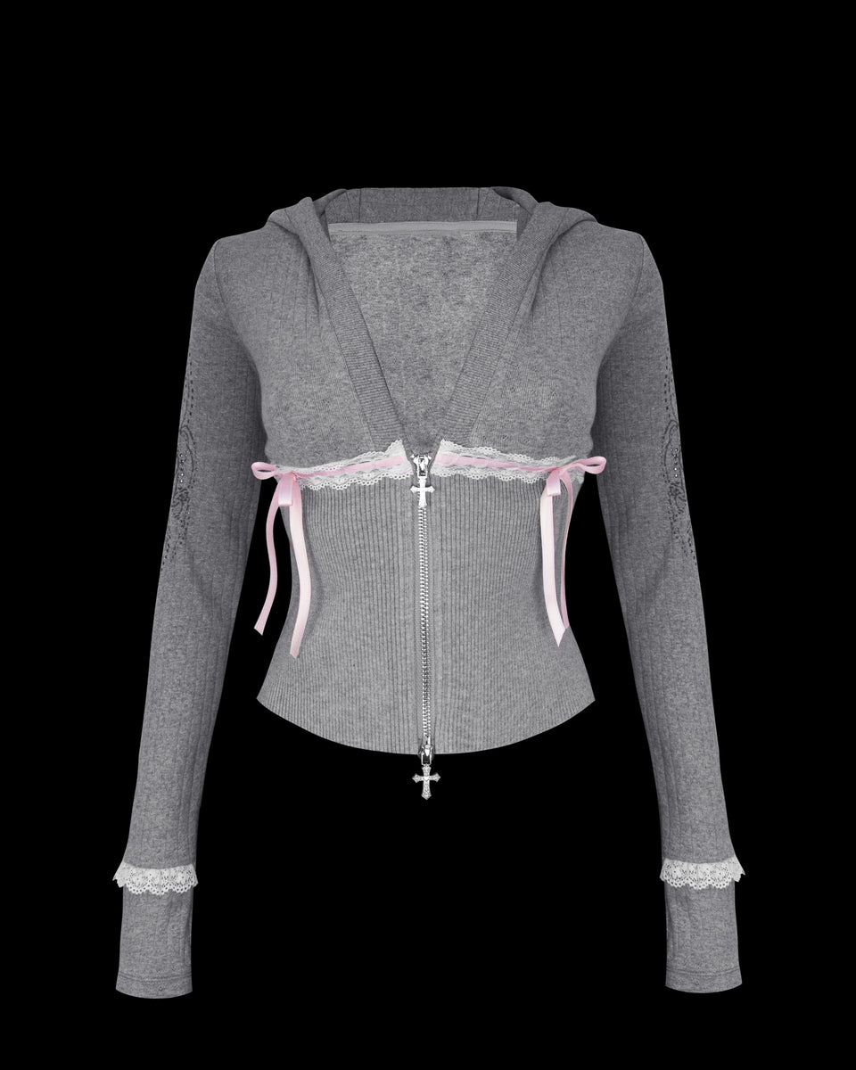 WHISPER RIBBON POINTELLE SCULPT HOODIE GREY MARL