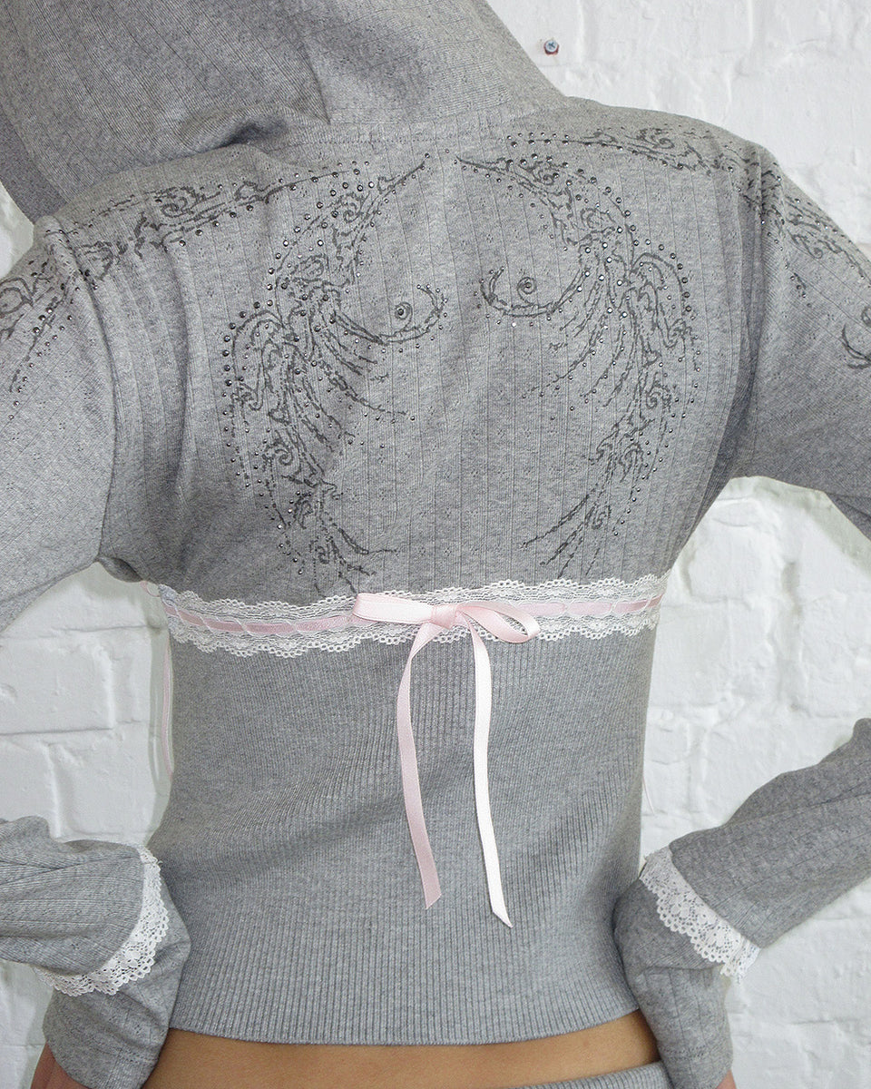 WHISPER RIBBON POINTELLE SCULPT HOODIE GREY MARL