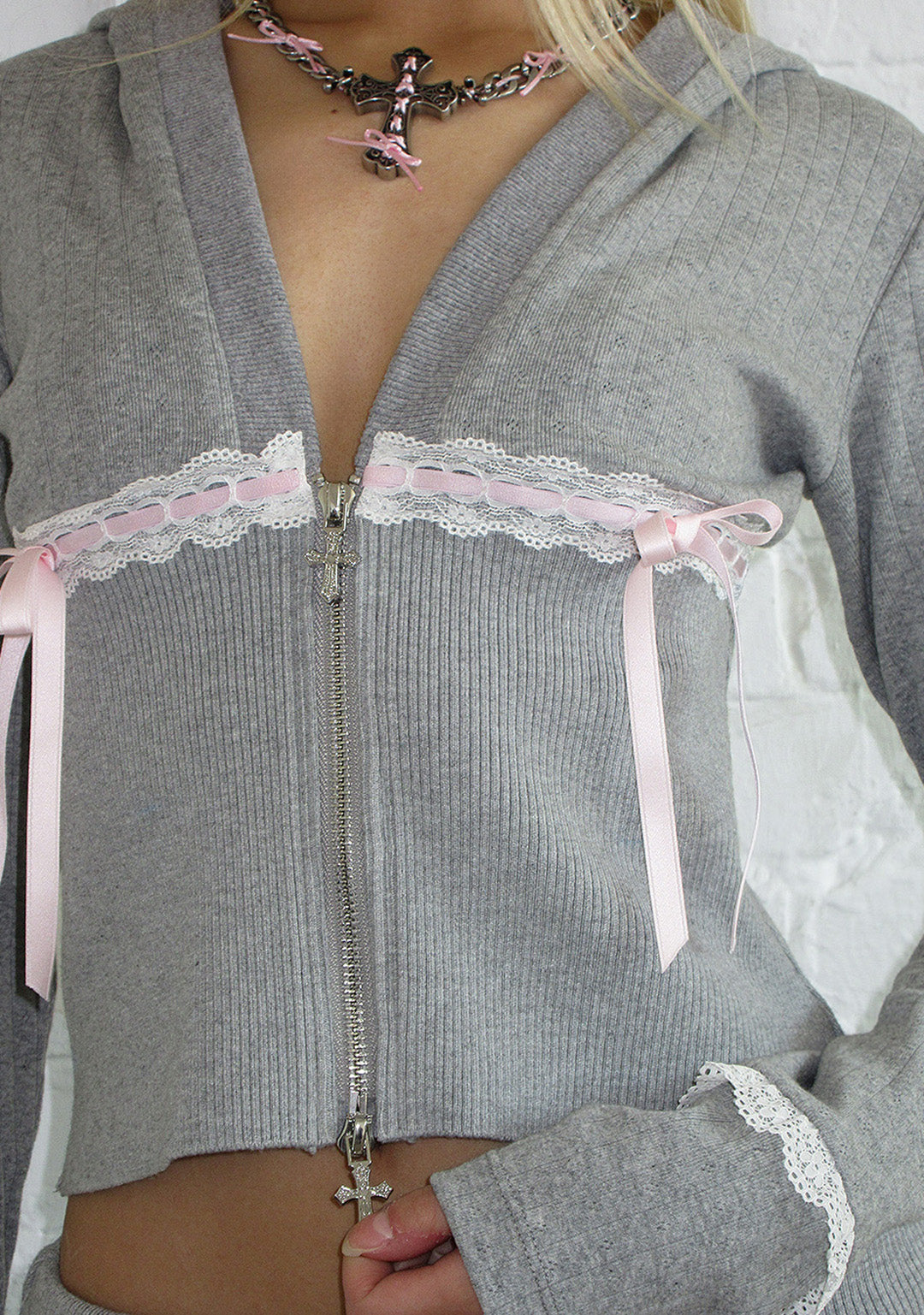 WHISPER RIBBON POINTELLE SCULPT HOODIE GREY MARL