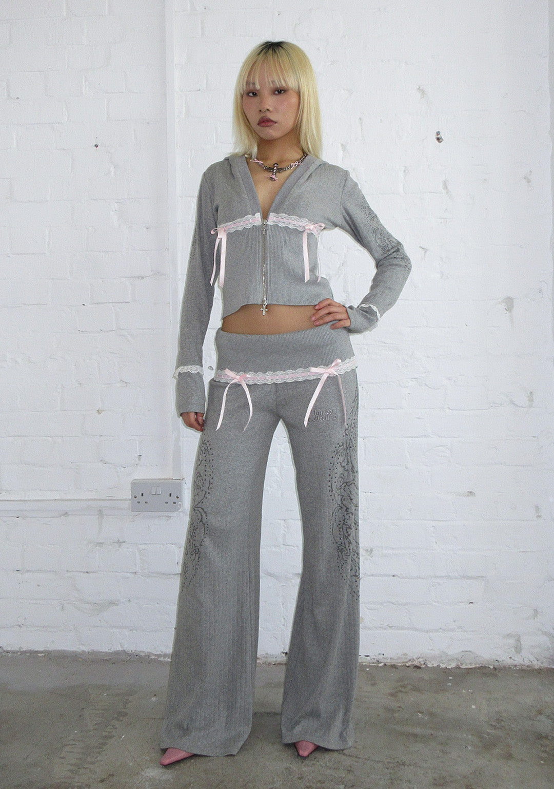 WHISPER RIBBON POINTELLE SCULPT HOODIE GREY MARL