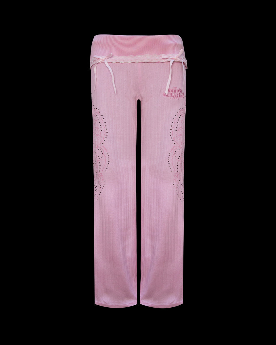 WHISPER RIBBON POINTELLE SCULPT PANTS BABY PINK by NAMED COLLECTIVE® with rhinestones, drawstring, and pocket embroidery.