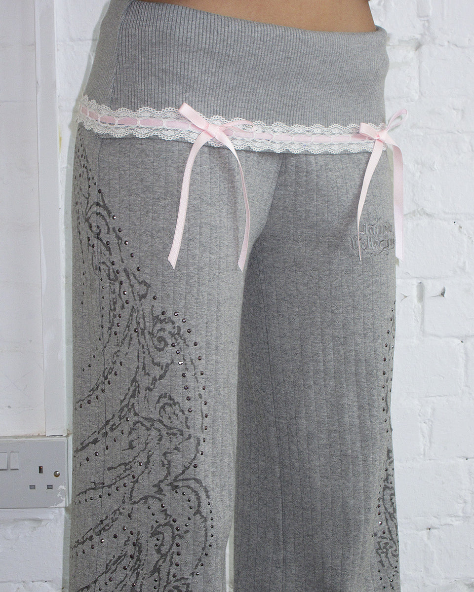 NAMED COLLECTIVE® WHISPER RIBBON POINTELLE SCULPT PANTS in grey marl with lace trim and pink bows at the waist.