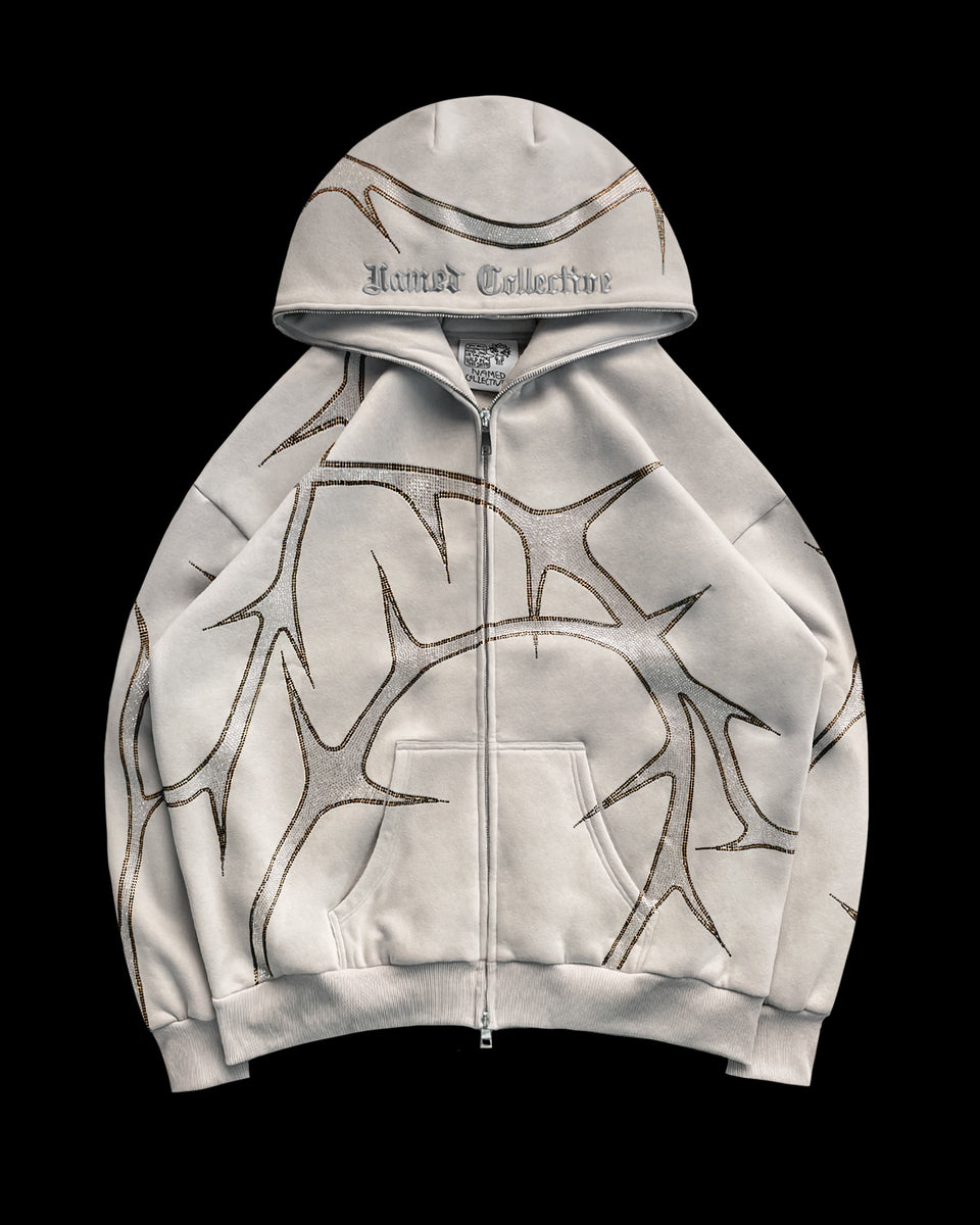 THORN RHINESTONE ZIP HOODIE BONE