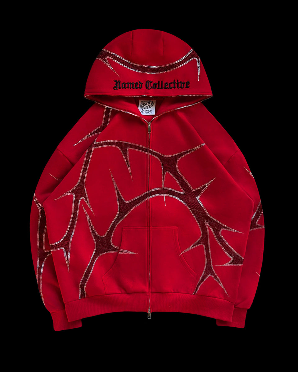 THORN RHINESTONE ZIP HOODIE RED